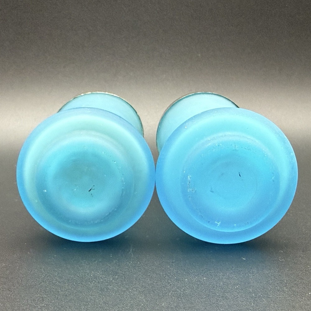 Antique Italian Opaline Blue Glass Posy Bud Vase Pair Silver Rim Victorian 3in - Picture 7 of 8